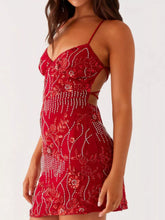 Backless Embroidered Sequin Cami Dress Red OutfitFlow