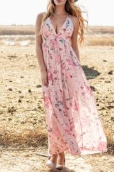 Floral Pleated Deep V Backless Maxi Dress Blush Pink OutfitFlow