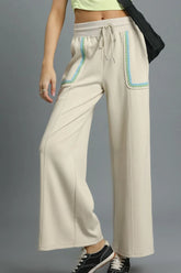 Umgee Drawstring Wide Leg Pants with Scallop Trim Detail Beige OutfitFlow