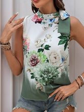 Tied Flower Printed Mock Neck Top Gum Leaf OutfitFlow