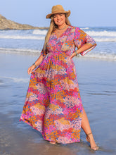 Plus Size Printed V-Neck Half Sleeve Maxi Dress Fuchsia Pink OutfitFlow