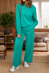 Full Size Round Neck Long Sleeve Top and Drawstring Pants Set Turquoise OutfitFlow