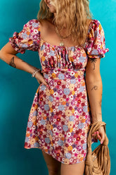 Floral Puff Sleeve Square Neck Knot Open Back Mini Dress Floral OutfitFlow