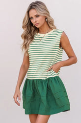 Stripe Woven Sleeveless Mini Dress Dark Green OutfitFlow