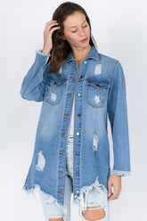 American Bazi Distressed Frayed Hem Denim Jacket Blue OutfitFlow