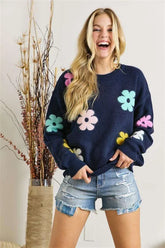 ADORA Full Size Flower Popped Sweater Plus Size NAVY OutfitFlow