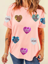 Valentine’s Day Sequin Heart Round Neck Short Sleeve T-Shirt Blush Pink OutfitFlow