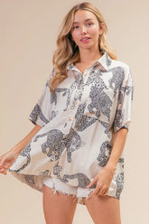 BiBi Leopard Print Short Sleeve Silky Satin Shirt Top OATMEAL OutfitFlow