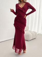 Devine Ruffled Surplice Long Sleeve Maxi Dress Burgundy OutfitFlow