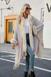 Color Block Fringe Detail Poncho Ivory One Size OutfitFlow