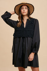 Annie Wear Crochet Vest Notched Long Sleeve Shirt Dress Black OutfitFlow