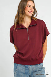 Umgee Full Size Half-Zip Short Sleeve Top Plus Size MAHOGANY OutfitFlow