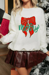 Merry Bow Graphic Drop Shoulder Loose Christmas Sweatshirt White Trendsi