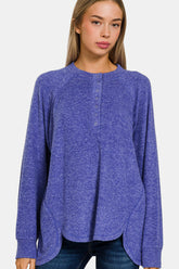 Zenana Full Size Brushed Melange Hacci High-Low Sweater Bright Blue OutfitFlow