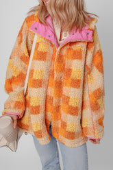 Checkered Long Sleeve Sherpa Hooded Jacket Tangerine OutfitFlow