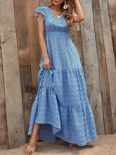 Printed V-Neck Ruffled Cap Sleeve Maxi Dress Sky Blue OutfitFlow