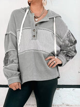 Waffle Knit Striped Drawstring Hoodie Gray OutfitFlow