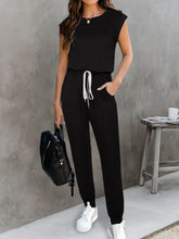 Drawstring Round Neck Sleeveless Jumpsuit Black OutfitFlow