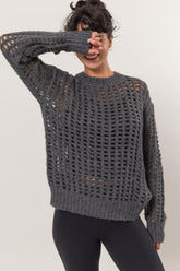 HYFVE Openwork Round Neck Long Sleeve Knit Cover Up Charcoal OutfitFlow