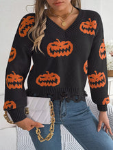 Halloween Pumpkin Pattern Raw Hem V-Neck Sweater Black OutfitFlow