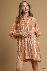 Umgee Leaf Print Notched Mini Babydoll Dress TAUPE OutfitFlow
