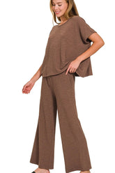 Zenana Cotton Slub Top & Pants Set BROWN OutfitFlow