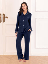 Collared Neck Long Sleeve Loungewear Set with Pockets Navy OutfitFlow