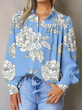 Floral Print Button Up Pleated Detail Puff Sleeve Shirt Sky Blue OutfitFlow