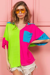 BiBi Slinky Knit Color Block V Neck Front Top TEAL MAUVE LIME OutfitFlow