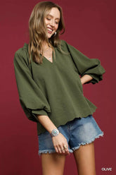 Umgee Full Size Textured Notched Balloon Sleeve Blouse Plus Size Olive OutfitFlow