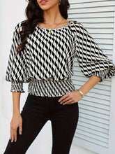 Geometric Print Lantern Sleeve Smocked Waist Blouse Black OutfitFlow