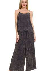 Zenana Woven Acid Crinkle Washed Cami & Pants 2 Piece Set ASH BLACK OutfitFlow