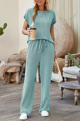 Solid Color Corded Short Sleeve Top and Casual Pants Set Light Blue OutfitFlow