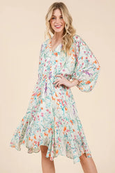 Lime 'N' Chili Floral Cinched Waist Balloon Sleeve V-Neck Dress IVORY FLORAL OutfitFlow