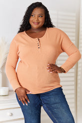 Basic Bae Half Button Long Sleeve Top Caramel OutfitFlow