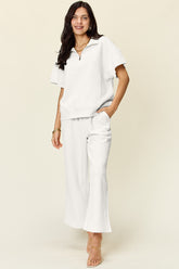 Double Take Full Size Texture Half Zip Short Sleeve Top and Pants Set White OutfitFlow