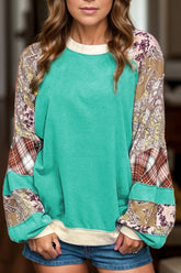 Printed Round Neck Long Sleeve Blouse Turquoise OutfitFlow