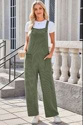 Lovelet Square Neck Wide Strap Overalls with Pockets Moss OutfitFlow