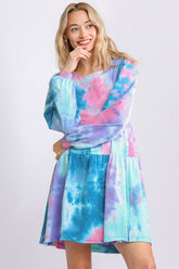 Umgee Full Size Tie Dye Round Neck Long Sleeve Babydoll Tiered Dress Plus Size TEAL PINK OutfitFlow