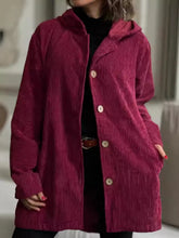 Full Size Corduroy Hooded Button-Up Jacket Plus Size Wine Red OutfitFlow