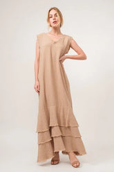 And The Why Washed Cotton Gauze Fringe Detail Tiered Dress Sand OutfitFlow