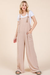 BOMBOM Knot Straps Wide Leg Ribbed Overalls with Pockets Dust Storm OutfitFlow
