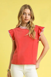 Umgee Contrast Trim Ruffle Cap Sleeve Blouse Red OutfitFlow