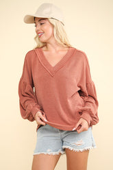 VERY J Two Tone Ribbed V-Neck Exposed Seam Top Cedar Wood OutfitFlow