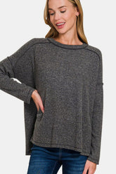 Zenana Full Size Exposed Seam Brushed Round Neck Sweater Black OutfitFlow