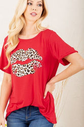 Heimish Full Size Leopard Lip Round Neck Short Sleeve T-Shirt Plus Size Red OutfitFlow