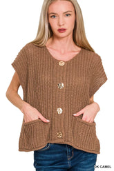Zenana Button Down Sweater Vest with Front Pockets DK CAMEL OutfitFlow