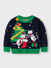 Children's Christmas Tree Round Neck Sweater Dark Navy OutfitFlow