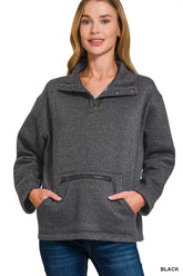 Zenana Fleece Washed High Neck Kangaroo Pocket Sweatshirt BLACK OutfitFlow