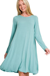 Zenana Long Sleeve Flare Dress With Pockets DUSTY TEAL OutfitFlow